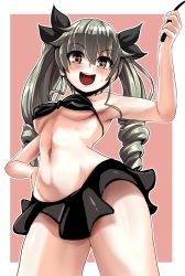 Rule 34 | 1girl, anchovy (girls und panzer), bikini, bikini skirt, black bikini, black ribbon, blush, breasts, commentary, cowboy shot, drill hair, girls und panzer, green hair, hair ribbon, hand on own hip, highres, holding, holding riding crop, long hair, looking at viewer, medium breasts, navel, open mouth, outline, outside border, pink background, red eyes, ribbon, riding crop, smile, solo, standing, sweatdrop, swimsuit, twin drills, twintails, underboob, white outline, yaruku