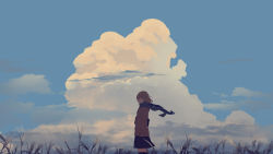 Rule 34 | 1girl, absurdres, blue sky, bob cut, cloud, cloudy sky, evening, field, highres, landscape, looking to the side, original, outdoors, scarf, scenery, shion 08, short hair, sky, solo focus
