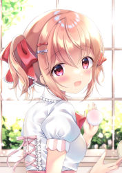 Rule 34 | 1girl, blush, bow, bowtie, breasts, collar, compact (cosmetics), criss-cross back-straps, frilled collar, frills, hair bow, hair ornament, hair ribbon, hairclip, high-waist skirt, highres, holding compact, indoors, light brown hair, looking at viewer, looking to the side, miwa uni, open mouth, original, ponytail, powder puff, puffy short sleeves, puffy sleeves, red bow, red bowtie, red eyes, ribbon, shirt, short sleeves, sidelocks, skirt, small breasts, solo, sunlight, upper body, white shirt, window
