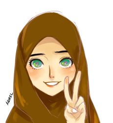 Rule 34 | 1girl, absurdres, artist name, eyelashes, green eyes, highres, hijab, lips, looking at viewer, muslim, nurel, original, parted lips, simple background, smile, solo, v, white background