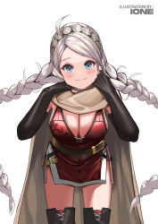 Rule 34 | 1girl, absurdres, ahoge, bad id, bad twitter id, blue eyes, boots, braid, breasts, cape, closed mouth, commission, commissioner upload, cosplay, fingerless gloves, fire emblem, fire emblem: the binding blade, fire emblem fates, gloves, hairband, highres, igrene (fire emblem), igrene (fire emblem) (cosplay), ioneare, large breasts, long hair, looking at viewer, nina (fire emblem), nintendo, silver hair, thigh boots, thighhighs, thighs, twin braids, upper body, very long hair, white background