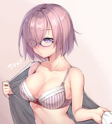 Rule 34 | 1girl, bare arms, bare shoulders, beige background, black-framed eyewear, blush, bow, bow bra, bra, breasts, bright pupils, cleavage, closed mouth, collarbone, eyes visible through hair, eyeshadow, fate/grand order, fate (series), frilled bra, frills, glasses, gradient background, hair over one eye, looking away, looking down, makeup, mash kyrielight, medium breasts, nose blush, nullken, open clothes, open shirt, pink bra, pink hair, purple eyes, red bow, shirt, short hair, solo, striped bra, striped clothes, translated, underwear, upper body, vertical-striped bra, vertical-striped clothes, white shirt