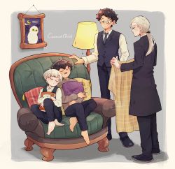 Rule 34 | 4boys, aged up, albus severus potter, amazou, barefoot, bird, black hair, blanket, blonde hair, closed eyes, couch, draco malfoy, father and son, glasses, harry potter, harry potter (series), harry potter and the cursed child, hedwig, highres, long coat, long hair, lying on person, multiple boys, necktie, owl, ponytail, scar, scar on face, scar on forehead, scorpius malfoy, short hair, sitting, sleeping, smile, wizarding world