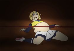 Rule 34 | 10s, 1girl, animated, animated gif, belly, blonde hair, breasts, fat, female focus, jiggle, kawakami mai, large breasts, limbo, musaigen no phantom world, navel, open mouth, plump, shoes, sneakers, solo, spread legs, what