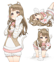 Rule 34 | 1girl, :3, all fours, animal ears, animal hands, animal print, applepie (12711019), bell, bloomers, blunt bangs, blush, bow, breasts, brown eyes, brown hair, cat ears, cat paws, character sheet, cleavage, closed mouth, highres, idolmaster, idolmaster million live!, idolmaster million live! theater days, jingle bell, long hair, looking at viewer, lying, miyao miya, multiple views, on back, paw pose, pink bow, small breasts, smile, tail, tiger print, tiger tail, underwear