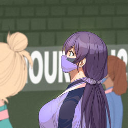 Rule 34 | 3girls, a1 (initial-g), blonde hair, brown hair, green eyes, hair ornament, hair scrunchie, long hair, looking up, love live!, love live! school idol project, low twintails, mask, mouth mask, multiple girls, purple hair, scrunchie, short hair, solo focus, tojo nozomi, twintails, upper body