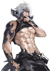 Rule 34 | 1boy, abs, aqua eyes, arm at side, au ra, warrior of light (ff14), bare arms, black pants, black tank top, clothes around waist, clothes lift, commentary request, cowboy shot, dragon boy, dragon horns, dragon tail, expressionless, final fantasy, final fantasy xiv, from below, grey hair, hair between eyes, hammer, hand up, highres, holding, holding hammer, horns, korean commentary, lifting own clothes, looking away, looking to the side, male focus, midriff, navel, pants, pectorals, scales, scar, scar on chest, shirt lift, short hair, simple background, solo, standing, sweat, tail, tank top, toned, toned male, white background, zerg (z79438659)