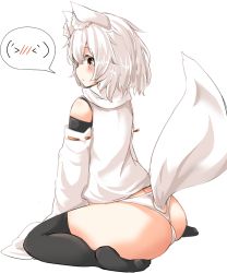 Rule 34 | &gt; &lt;, 1girl, animal ears, ass, black thighhighs, blush, clothing cutout, detached sleeves, emoticon, highres, houkai (collapse illust), inubashiri momiji, no headwear, no pants, no shoes, panties, profile, short hair, sitting, sleeves past wrists, solo, spoken blush, spoken expression, tail, tail through clothes, thighhighs, touhou, underwear, white background, white hair, white panties, wide sleeves, wolf ears, wolf tail, yellow eyes