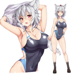 Rule 34 | 1girl, absurdres, alternate costume, amagi (amagi626), animal ear fluff, animal ears, armpits, arms up, breasts, brown footwear, cleavage, collarbone, contrapposto, covered navel, fang, grey hair, hat, highres, inubashiri momiji, large breasts, looking at viewer, multiple views, red eyes, red headwear, school uniform, shoes, simple background, skindentation, skirt, socks, standing, sweat, tail, tokin hat, touhou, translation request, undressing, white background, wolf ears, wolf girl, wolf tail