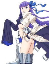 Rule 34 | 10s, 1girl, :d, ass, blue eyes, blue ribbon, fate/extra, fate/extra ccc, fate/grand order, fate (series), flat chest, hair ribbon, long hair, long sleeves, meltryllis (fate), meltryllis (second ascension) (fate), michihasu, midriff, navel, open mouth, prosthesis, prosthetic leg, purple hair, ribbon, simple background, sleeves past wrists, smile, solo, spikes, white background