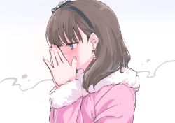 Rule 34 | 1girl, bob cut, brown hair, covered mouth, earrings, fur-trimmed jacket, fur-trimmed sleeves, fur trim, hairband, highres, idolmaster, idolmaster cinderella girls, jacket, jewelry, looking afar, nail polish, own hands together, pink jacket, portrait, pure 556, sakuma mayu, simple background, solo, upper body