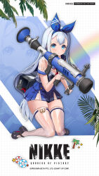 Rule 34 | 1girl, anchor (nikke), blue eyes, blue hair, blue ribbon, blue sailor collar, dress, goddess of victory: nikke, grid background, hair ribbon, highres, holding, holding weapon, long hair, official art, ribbon, rocket launcher, sailor collar, sailor dress, see-through, shoes, solo, squatting, thighhighs, weapon, wet