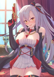 Rule 34 | 1girl, antique firearm, arm support, azur lane, bare shoulders, between breasts, black cape, black gloves, black ribbon, blush, breasts, cape, chalice, cleavage, cocoablue23, coin, commentary request, cowboy shot, cup, detached collar, drake (azur lane), dress, elbow gloves, firearm, firelock, flintlock, gem, glint, gloves, gold, gun, hair between eyes, hair ribbon, hand up, handgun, head tilt, highres, holding, holding gun, holding weapon, indoors, large breasts, light rays, long hair, looking at viewer, necktie, necktie between breasts, open mouth, pistol, red necktie, ribbon, short dress, side ponytail, sidelocks, silver hair, sitting, skindentation, smile, solo, strapless, strapless dress, sunbeam, sunlight, thighhighs, treasure, treasure chest, weapon, white dress, window, yellow eyes, zettai ryouiki