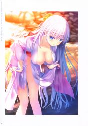 Rule 34 | 1girl, absurdres, back bow, bent over, blue eyes, blurry, blurry background, blush, border, bow, breasts, cleavage, collarbone, copyright name, hair between eyes, highres, huge filesize, japanese clothes, kimono, long hair, medium breasts, na-ga, naruse shiroha, no bra, no panties, obi, official art, open clothes, open kimono, page number, purple kimono, red bow, sash, shiny skin, silver hair, solo, summer pockets, very long hair, white border