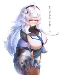 Rule 34 | 1girl, ahoge, aran sweater, blush, braid, breasts, cable knit, coat, commentary request, dress, gloves, hairband, highres, holding hands, large breasts, last origin, purple eyes, rakkyo (nebiusu30), silver hair, simple background, solo focus, sweater, sweater dress, tears, translated, twin braids, ullr (last origin), wavy eyes, white background