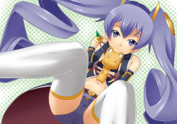 Rule 34 | 1girl, ar tonelico, ar tonelico iii, bare shoulders, beniimo, blue eyes, blue hair, cocona vatel, denim, denim shorts, elbow gloves, fingerless gloves, gergo, gloves, gust, hair ornament, jewelry, long hair, looking at viewer, matching hair/eyes, midriff, mihamimo, navel, necklace, pendant, short shorts, shorts, sleeveless, smile, solo, stuffed animal, stuffed toy, thighhighs, twintails, white thighhighs