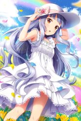 Rule 34 | 1girl, absurdres, adjusting clothes, adjusting headwear, alternative girls, blue flower, blunt bangs, blush, bow, breasts, brown eyes, buttons, cloud, cloudy sky, day, dress, flower, grey hair, hat, hat bow, hat flower, highres, hiiragi tsumugi, layered dress, long hair, looking at viewer, medium breasts, nemophila (flower), official art, open mouth, outdoors, pink bow, pink flower, pink petals, rainbow, sky, standing, sun hat, very long hair, wavy hair, white dress, white hat, yellow flower, yellow petals