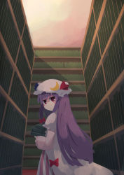 Rule 34 | 1girl, absurdres, book, capelet, commentary request, crescent, crescent hat ornament, dress, frilled capelet, frills, hat, hat ornament, highres, holding, holding book, kibisake, library, long dress, long hair, long sleeves, looking at viewer, mob cap, patchouli knowledge, pink capelet, pink dress, purple eyes, purple hair, striped clothes, striped dress, touhou, upper body, vertical-striped clothes, vertical-striped dress, very long hair