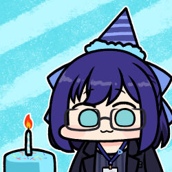 Rule 34 | 1girl, :3, a-chan (2nd costume) (hololive), a-chan (hololive), aqua eyes, black-framed eyewear, black jacket, black shirt, blue bow, blue hair, blush, bow, chibi, glasses, hair bow, hat, hololive, jacket, jazz jack, long sleeves, lowres, party hat, shirt, short hair, smile, solo, striped clothes, striped shirt, swept bangs, vertical-striped clothes, vertical-striped shirt, virtual youtuber