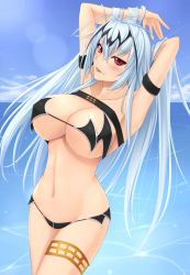 Rule 34 | 1girl, :p, akitsuki karasu, alice (queen&#039;s gate), armpits, arms up, bikini, black bikini, blue hair, blush, breasts, cleavage, cloud, day, highres, large breasts, long hair, navel, nitroplus, aged up, queen&#039;s blade, queen&#039;s gate, red eyes, red theme, sky, solo, swimsuit, thigh strap, tongue, tongue out, very long hair, water