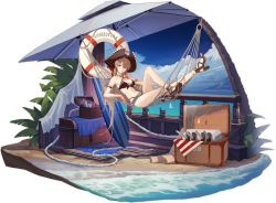 Rule 34 | 1girl, anchor earrings, arm strap, armpits, ask (askzy), azur lane, bare shoulders, beach, bikini, bikini under clothes, black bikini, black hat, blue sky, breasts, brown footwear, brown hair, cannon, chest (furniture), cleavage, closed mouth, cloud, criss-cross halter, cutoffs, denim, denim shorts, earrings, front-tie bikini top, front-tie top, gladiator sandals, grey shorts, hair between eyes, halterneck, hammock, hat, high heels, highleg, highleg bikini, highres, jean bart (azur lane), jean bart (private apres midi) (azur lane), jewelry, knee up, ladder, lifebuoy, long hair, looking at viewer, medium breasts, micro shorts, navel, necklace, ocean, official alternate costume, official art, open fly, outdoors, pectorals, pirate hat, reclining, red eyes, sand, sandals, shorts, sky, solo, stomach, surfboard, swim ring, swimsuit, thighs, transparent background, turret, very long hair, waves