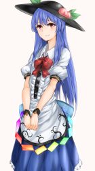 Rule 34 | 1girl, blue hair, bow, chained, chain, commentary request, cuffs, food, fruit, hat, highres, hinanawi tenshi, lock, long hair, momo retasu, padlock, peach, puffy short sleeves, puffy sleeves, red eyes, shackles, shirt, short sleeves, skirt, solo, touhou, v arms, very long hair