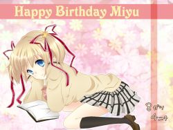 Rule 34 | bad id, bad pixiv id, bent over, blonde hair, blue eyes, blush, book, bow, flower, hair ornament, hair ribbon, happy birthday, head rest, high heels, kamikita komari, kneehighs, kneeling, little busters!, loafers, looking back, open book, plaid, plaid skirt, pleated skirt, reading, ribbon, school uniform, shirahase shijima, shoes, short hair, short twintails, skirt, socks, solo, star (symbol), sweater, transparent background, twintails