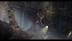 Rule 34 | 1other, androgynous, animal, arm guards, bad id, bad twitter id, belt, blood, bloodborne, blurry, blurry foreground, boots, cloak, coat, commentary request, copyright name, english text, gun, hat, holding, holding gun, holding weapon, hunter (bloodborne), letterboxed, mask, missing limb, mono (jdaj), mouth mask, railing, saw, saw cleaver, sitting, solo, tricorne, weapon, wolf