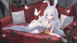 Rule 34 | + +, 1girl, absurdres, ahoge, animal ears, arm support, azur lane, blue eyes, braid, butterfly hair ornament, choker, closed mouth, couch, expressionless, fake animal ears, flower, hair ornament, hair ribbon, hairband, hand on own hip, highres, le malin (azur lane), le malin (listless lapin) (azur lane), leotard, long hair, looking at viewer, lounging, low twin braids, manjuu (azur lane), no shoes, o-ring, o-ring choker, on couch, playboy bunny, prock, rabbit ears, ribbon, rose, silver hair, solo, twin braids, very long hair, white legwear, white leotard, white ribbon, wrist cuffs