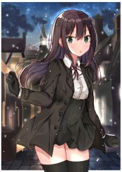 Rule 34 | 1girl, :o, absurdres, black gloves, black jacket, black skirt, black thighhighs, blurry, blurry background, blush, brown hair, building, cloud, collared shirt, commentary, cowboy shot, depth of field, dress shirt, gloves, green eyes, hair between eyes, high-waist skirt, highres, idolmaster, idolmaster cinderella girls, idolmaster cinderella girls starlight stage, jacket, long hair, long sleeves, neck ribbon, night, night sky, norazura, open clothes, open jacket, outdoors, parted lips, red ribbon, ribbon, shibuya rin, shirt, sidelocks, skirt, sky, solo, standing, star (sky), starry sky, thighhighs, tower, very long hair, white shirt