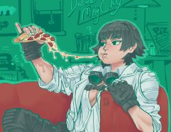 Rule 34 | 1girl, absurdres, black gloves, black hair, breasts, cheese trail, cleavage, collared shirt, couch, devil may cry (series), devil may cry 5, eating, fingerless gloves, food, full mouth, gloves, goggles, goggles around neck, highres, holding, holding food, holding pizza, indoors, jacket, lady (devil may cry), long sleeves, no bra, on couch, open clothes, open jacket, open shirt, pepperoni, pizza, pizza box, pizza slice, scar, shirt, short hair, sitting, solo, ssssquash, white shirt