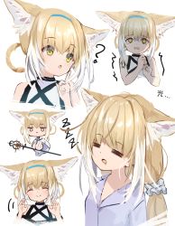 Rule 34 | 1girl, = =, ?, alternate costume, animal ear fluff, animal ears, arknights, blonde hair, blue hairband, chibi, closed eyes, closed mouth, drooling, finger to cheek, fox ears, fox girl, hair between eyes, hair rings, hairband, highres, infection monitor (arknights), low twintails, material growth, matsushika, mouth drool, multicolored hair, multiple views, open mouth, oripathy lesion (arknights), pajamas, scared, sleeping, staff, streaked hair, suzuran (arknights), trembling, turn pale, twintails, white hair