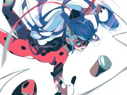 Rule 34 | 1girl, ass, blue eyes, blue hair, bodysuit, breasts, bug, cup, disposable coffee cup, disposable cup, insect, ladybug, long hair, marinette dupain-cheng, mask, medium breasts, miraculous ladybug, pegabug (character), red bodysuit, red mask, seio (nao miragggcc45), smile, solo, superhero costume, white background, yo-yo
