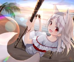 Rule 34 | 1girl, absurdres, akinakesu-chan, animal ear fluff, animal ears, beach, black footwear, blurry, blurry background, capelet, commentary request, depth of field, dress, frilled capelet, frills, grey hair, highres, horizon, long hair, looking at viewer, looking back, nail polish, ocean, original, palm tree, red eyes, red nails, ribbon-trimmed capelet, ribbon-trimmed dress, sand, sandals, sitting, solo, swing, tail, toenail polish, toenails, tree, water, white capelet, white dress