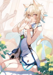Rule 34 | 1girl, :p, absurdres, animal ears, bare arms, bare shoulders, barefoot, blonde hair, cat ears, cat tail, commentary request, dress, flower, genshin impact, hair between eyes, highres, kemonomimi mode, looking at viewer, lumine (genshin impact), lumo 1121, short hair, sitting, sleeveless, sleeveless dress, smile, solo, tail, thighs, tongue, tongue out, wariza, white dress, yellow eyes, yellow flower