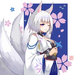 Rule 34 | 1girl, absurdres, animal ears, azur lane, blue background, blue eyes, blush, breasts, cleavage, floral print, fox ears, fox girl, highres, holding, japanese clothes, kaga (azur lane), kimono, long sleeves, looking at viewer, medium breasts, one eye closed, short hair, solo, translation request, two-tone background, w-t, white background, white hair, white tail, wide sleeves