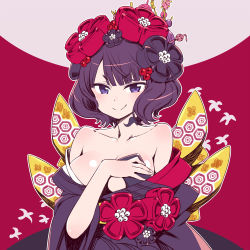 Rule 34 | 1girl, bare shoulders, blush, breasts, chan co, cleavage, collarbone, commentary request, fate/grand order, fate (series), flower, hair flower, hair ornament, japanese clothes, katsushika hokusai (fate), kimono, large breasts, looking at viewer, off shoulder, purple eyes, purple hair, short eyebrows, short hair, solo