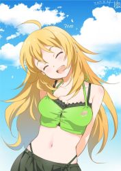 Rule 34 | 1girl, :d, ^ ^, ahoge, arms behind back, bare shoulders, blonde hair, camisole, closed eyes, closed eyes, facing viewer, happy, head tilt, hoshii miki, idolmaster, idolmaster (classic), inoue sora, jpeg artifacts, long hair, midriff, navel, open mouth, revision, skirt, smile, solo, stomach