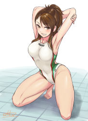 Rule 34 | 10s, 1girl, amaretto (girls und panzer), armpits, arms behind head, barefoot, breasts, brown eyes, brown hair, clenched teeth, commentary request, competition swimsuit, covered navel, full body, girls und panzer, grin, highres, italian flag, kneeling, legs apart, long hair, looking at viewer, medium breasts, one-piece swimsuit, revision, short hair, signature, smile, solo, solokov (okb-999), stretching, swimsuit, teeth