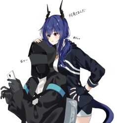 Rule 34 | 1boy, 1girl, arknights, between breasts, black gloves, black jacket, blue hair, blush, breasts, ch&#039;en (arknights), cowboy shot, doctor (arknights), dragon girl, dragon horns, dragon tail, fingerless gloves, gloves, hair between eyes, hand on another&#039;s head, hand on own hip, hand up, hands up, head between breasts, highres, holding, holding phone, horns, hug, hug from behind, jacket, leaning forward, leaning on person, lily0428, medium breasts, necktie, open clothes, open jacket, open mouth, phone, red eyes, shirt, short shorts, shorts, tail, translation request, white shirt, yellow necktie