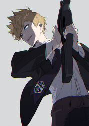 Rule 34 | 1boy, absurdres, black jacket, black necktie, black pants, black suit, blonde hair, blue eyes, collared shirt, cowboy shot, formal, grey background, gun, highres, holding, holding gun, holding weapon, inukai sumiharu, jacket, looking away, male focus, necktie, open mouth, pants, shirt, short hair, simple background, smile, solo, spiked hair, standing, suit, weapon, white shirt, world trigger, xia (ryugo)