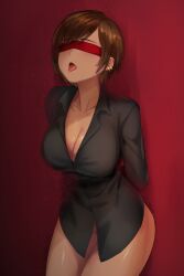 Rule 34 | 1girl, absurdres, arms behind back, bad id, bad pixiv id, black shirt, bottomless, breasts, brown hair, cleavage, collarbone, collared shirt, dark-skinned female, dark skin, dolsig ilangnolja, ear piercing, earrings, highres, jewelry, large breasts, limbus company, long sleeves, open mouth, outis (project moon), piercing, project moon, red background, red blindfold, shirt, short hair, solo, tongue, tongue out