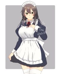 Rule 34 | 1girl, alternate costume, black hair, border, breasts, closed mouth, cowboy shot, dated, enmaided, grey background, hair between eyes, hand on own chest, highres, kantai collection, long hair, long sleeves, looking at viewer, maid, maid headdress, medium breasts, mochizou, one-hour drawing challenge, oyashio (kancolle), signature, solo, thighhighs, white border, white thighhighs, yellow eyes