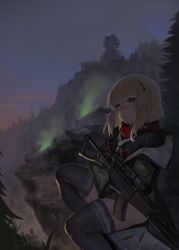 Rule 34 | 1girl, 9x39mm, ammunition, armor-piercing ammunition, as val, as val (girls&#039; frontline), as val (mod3) (girls&#039; frontline), assault rifle, automatic rifle, blonde hair, blue eyes, bullet, carbine, carbine cartridge, cliff, commentary request, dokomon, girls&#039; frontline, gun, highres, holding, holding gun, holding weapon, integral suppressor, integrally-suppressed firearm, jacket, kalashnikov rifle, korean commentary, long sleeves, military cartridge, mod3 (girls&#039; frontline), night, night sky, off shoulder, outdoors, pdw cartridge, rifle, rifle cartridge, scarf, scope, sky, solo, subsonic ammunition, suppressor, thighhighs, toz (tulsky oruzheiny zavod), trigger discipline, tsniitochmash, tula arms plant, weapon