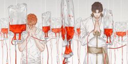 Rule 34 | 2boys, black hair, blood, blood bag, cassock, chazy, closed eyes, covered face, covering face, emiya shirou, facing viewer, fate (series), fingernails, gradient background, grey background, hands on own face, highres, intravenous drip, kotomine kirei, long sleeves, male focus, multiple boys, orange hair, own hands together, parted bangs, praying, sash, shirt, short sleeves, t-shirt, tape, transparent, upper body, white shirt
