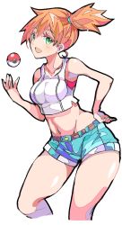Rule 34 | 1girl, :d, aqua eyes, bare shoulders, belt, blush, breasts, creatures (company), crop top, denim, denim shorts, enpe, game freak, gym leader, hand on own hip, highres, looking at viewer, medium breasts, misty (pokemon), navel, nintendo, open mouth, orange hair, poke ball, poke ball (basic), pokemon, pokemon lgpe, shiny clothes, shirt, short hair, short ponytail, short shorts, shorts, side ponytail, simple background, smile, solo, tank top, white background, white shirt