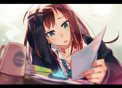 Rule 34 | 10s, 1girl, blush, brown hair, coffee mug, cup, earrings, green eyes, hand on own head, holding, idolmaster, idolmaster cinderella girls, jewelry, letterboxed, long hair, monq, mug, necklace, necktie, open mouth, paper, shibuya rin, solo, sweatdrop, table