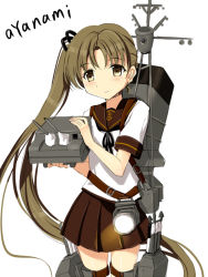 Rule 34 | 10s, 1girl, antennae, ayanami (kancolle), bad id, bad pixiv id, brown skirt, cannon, character name, cnm, cowboy shot, kantai collection, long hair, looking at viewer, machinery, pleated skirt, sailor collar, school uniform, serafuku, shirt, side ponytail, simple background, skirt, smile, solo, tareme, thigh strap, turret, very long hair, white background, white shirt