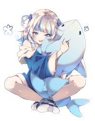 Rule 34 | 1girl, artist request, bare shoulders, blue eyes, blue hair, blunt bangs, crossed ankles, fins, fish tail, gawr gura, hair ornament, holding, holding stuffed toy, hololive, hololive english, holomyth, hug, long sleeves, medium hair, multicolored hair, shark, shark girl, shark hair ornament, shark print, shark tail, sharp teeth, shoes, sitting, sleeves past wrists, sneakers, socks, solo, streaked hair, stuffed toy, tail, teeth, two-tone hair, two side up, virtual youtuber, white background, white hair, wide sleeves