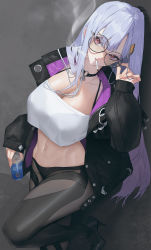 Rule 34 | 1girl, absurdres, black choker, black footwear, black jacket, black pantyhose, breasts, can, choker, cigarette, cleavage, copyright request, crop top, glasses, head tilt, high heels, highres, holding, holding can, jacket, large breasts, long hair, long sleeves, midriff, mouth hold, navel, open clothes, open jacket, pantyhose, purple hair, red eyes, round eyewear, sleeves past wrists, smoke, smoking, solo, tunamayo (dsasd751), very long hair